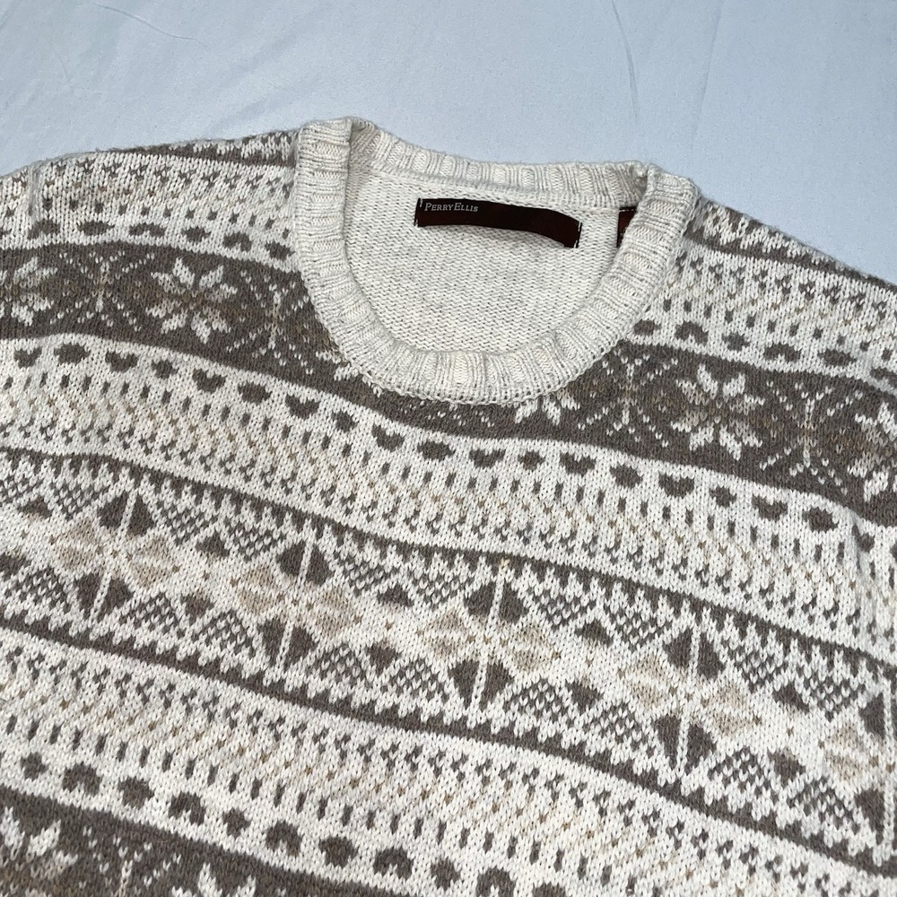 Perry Ellis Women‎ Fair Isle Crewneck Sweater Cotton Merino Wool Tan Cream Large